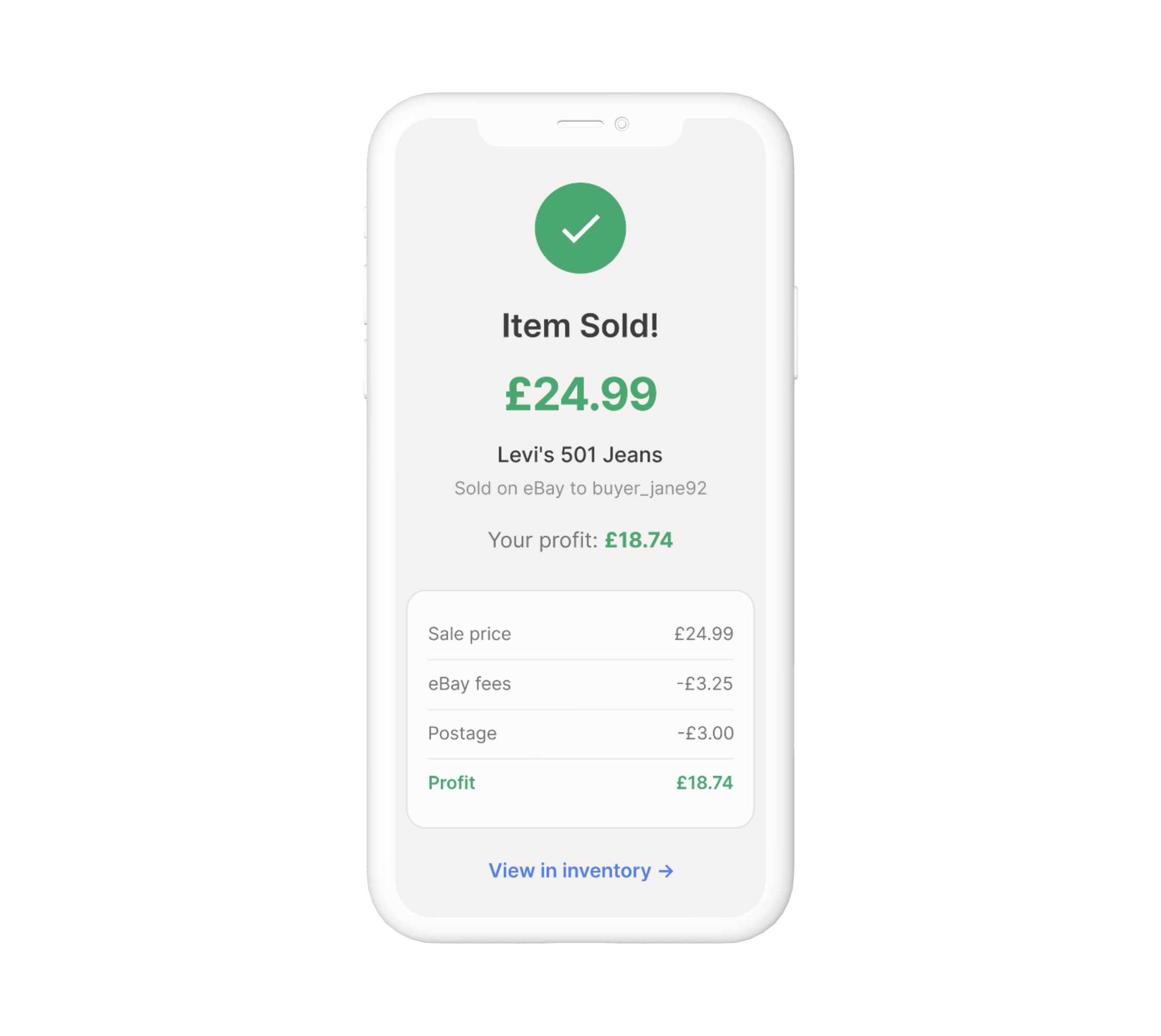 Junkan mobile app sold confirmation showing profit breakdown