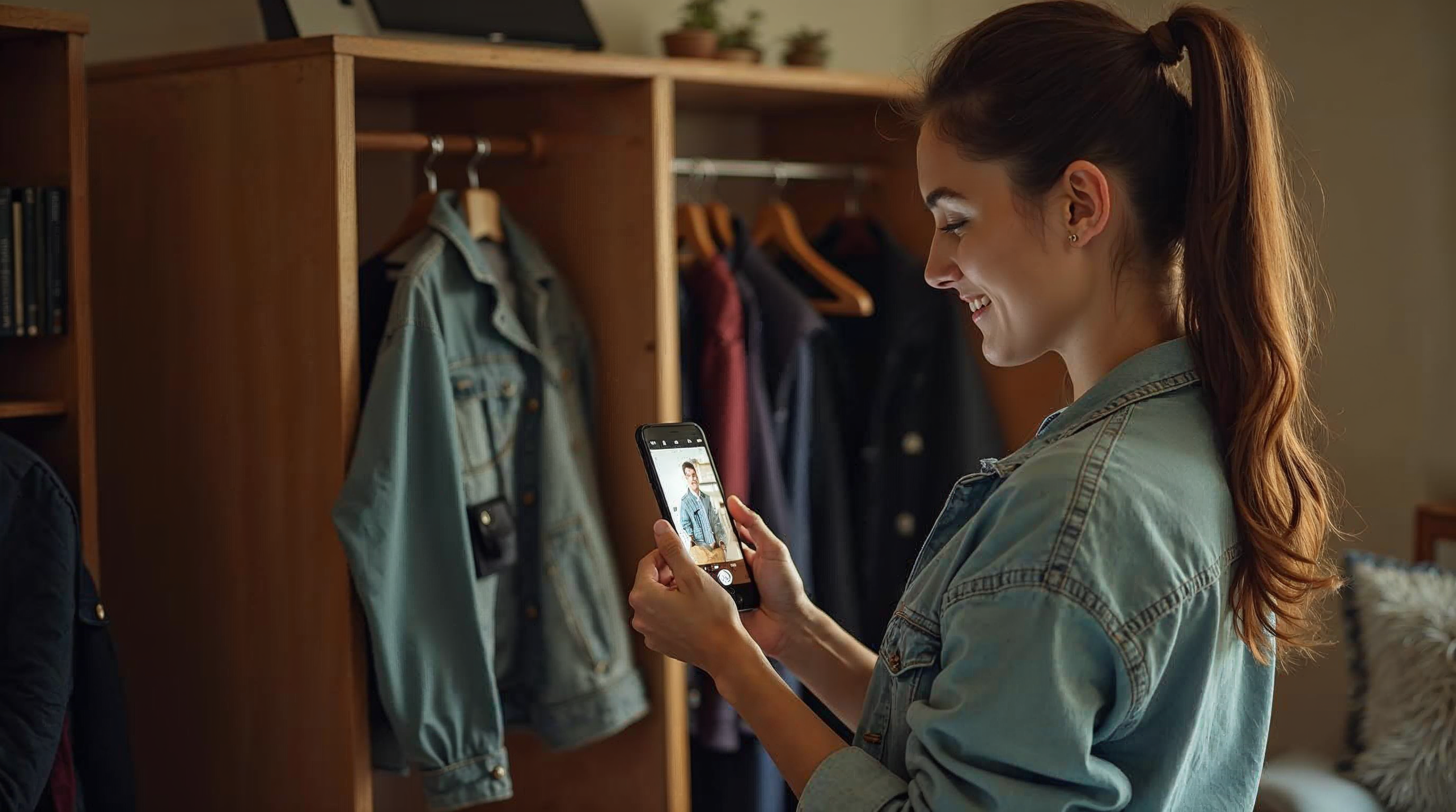Young woman photographing clothes with smartphone by her wardrobe