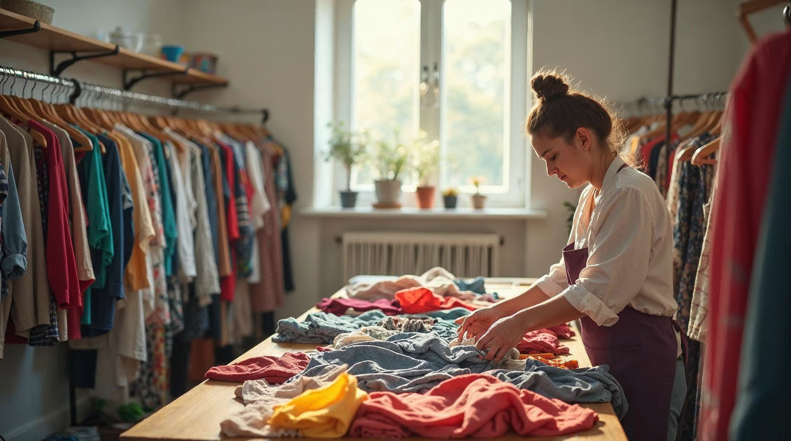 Volunteer sorting colourful donated clothes at a charity shop