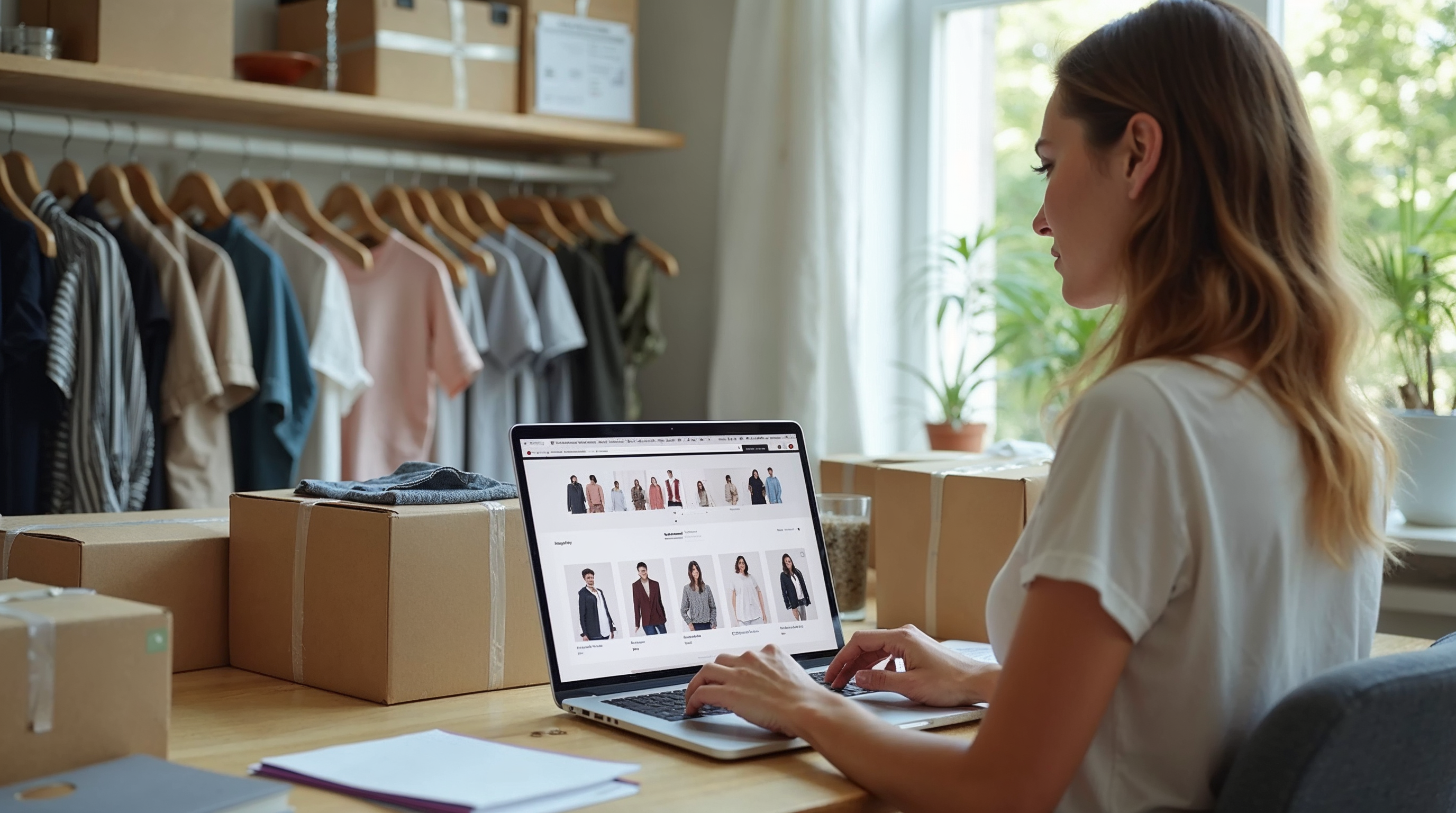 Professional reseller at desk with laptop showing marketplace listings and shipping boxes